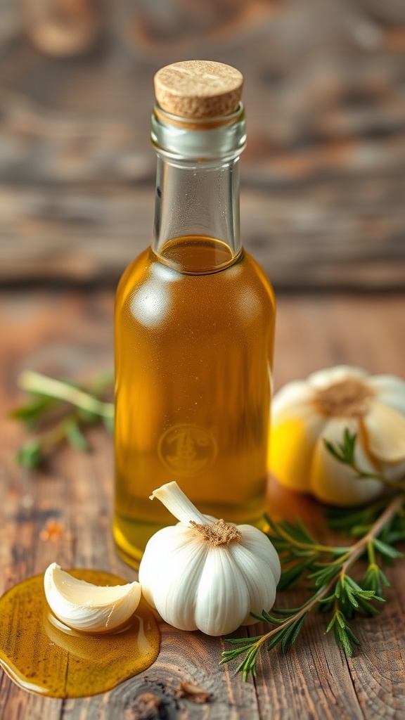 A bottle of garlic-infused olive oil with a garlic clove on a wooden table.